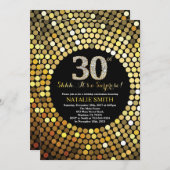 Überraschung 30. Geburtstag Schwarz und Gold Glitz Einladung (Vorne/Hinten)