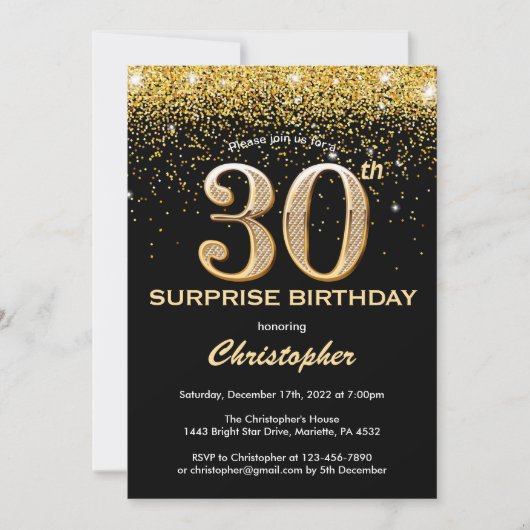 Überraschung 30. Geburtstag Schwarz und Gold Glitz Einladung (Vorderseite)