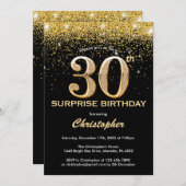 Überraschung 30. Geburtstag Schwarz und Gold Glitz Einladung (Vorne/Hinten)