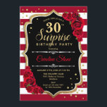 Überraschung 30. Geburtstag - Schwarz-weiß Red Einladung<br><div class="desc">Überraschung 30. Geburtstag Einladung. Weibliches Schwarz,  Weiß,  Rot-Design mit Imitaten Glitzer Gold. Enthält dunkelrote und weiße Streifen,  Rose,  Skript-Schriftart und Konfetti. Ideal für eine elegante Geburtstagsfeier. Kann personalisiert sein,  jedes Alter zu zeigen. Nachricht,  wenn Sie weitere Anpassungen benötigen.</div>