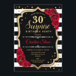 Überraschung 30. Geburtstag - Schwarz-weiß Red Einladung<br><div class="desc">Überraschung 30. Geburtstag Einladung. Weibliches Schwarz,  Weiß,  Rot-Design mit Imitaten Glitzer Gold. Enthält schwarz-weiße Streifen,  rote Rosen,  Skript-Schriftart und Konfetti. Ideal für eine elegante Geburtstagsfeier. Kann personalisiert sein,  jedes Alter zu zeigen. Nachricht,  wenn Sie weitere Anpassungen benötigen.</div>