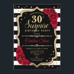 Überraschung 30. Geburtstag - Schwarz-weiß Red Einladung<br><div class="desc">Überraschung 30. Geburtstag Einladung. Weibliches Schwarz,  Weiß,  Rot-Design mit Imitaten Glitzer Gold. Enthält schwarz-weiße Streifen,  rote Rosen,  Skript-Schriftart und Konfetti. Ideal für eine elegante Geburtstagsfeier. Kann personalisiert sein,  jedes Alter zu zeigen. Nachricht,  wenn Sie weitere Anpassungen benötigen.</div>