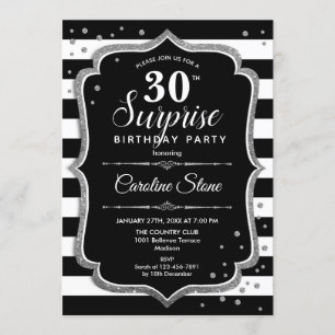 Überraschung 30. Geburtstag - Schwarz-weißes Silbe Einladung