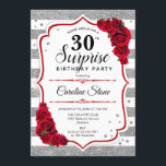 Überraschung 30. Geburtstag - Silver White Red Einladung<br><div class="desc">Überraschung 30. Geburtstag Einladung. Weiblich,  rotes Design mit Imitaten Glitzer Silber. Enthält Streifen,  rote Rosen,  Skript-Schriftart und Konfetti. Ideal für eine elegante Geburtstagsfeier. Kann personalisiert sein,  jedes Alter zu zeigen. Nachricht,  wenn Sie weitere Anpassungen benötigen.</div>
