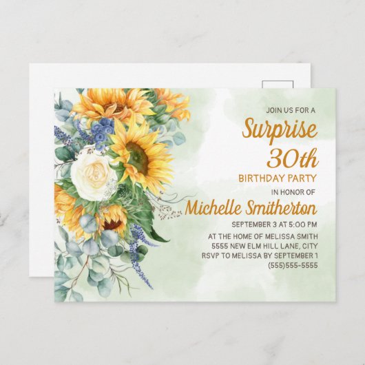 Überraschung 30. Geburtstag Sonnenblumen Eukalyptu Postkarte (Vorne/Hinten)