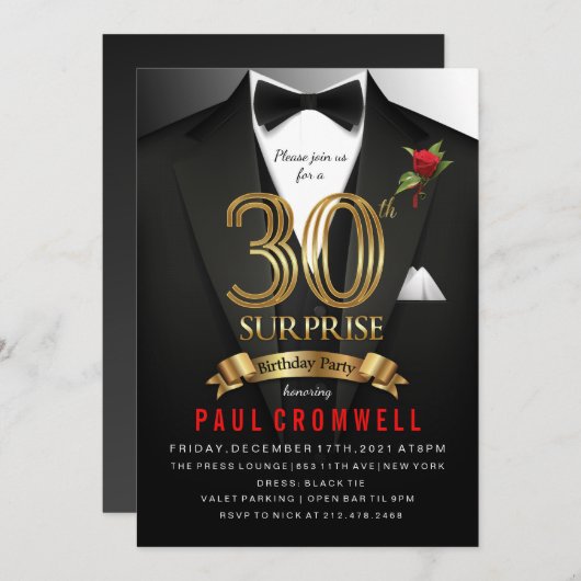 Überraschung 30. Geburtstag Tuxedo Einladung (Vorne/Hinten)