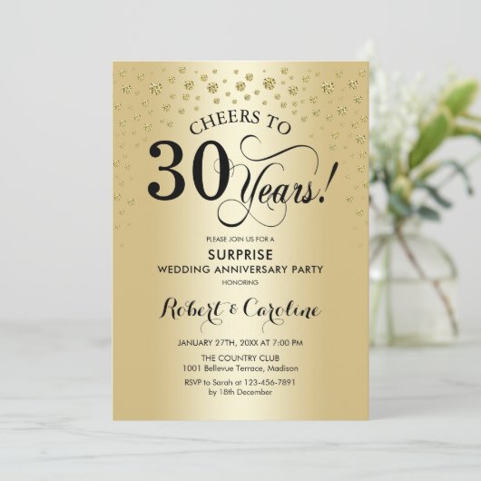 Überraschung 30-jähriges Gold Black Elegant Einladung (Stehend Vorderseite)
