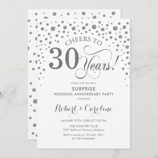 Überraschung 30-jähriges Party - Silver White Einladung (Vorne/Hinten)