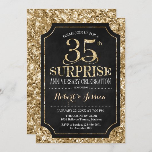 Überraschung 35. Hochzeitstag - Schwarzes Gold Einladung (Vorne/Hinten)
