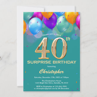 Überraschung 40. Geburtstag Aquamarin und Gold Bal Einladung