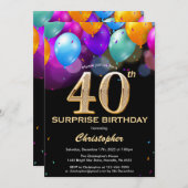 Überraschung 40. Geburtstag Black and Gold Ballons Einladung (Vorne/Hinten)
