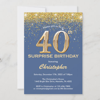 Überraschung 40. Geburtstag Blau und Gold Glitzer Einladung