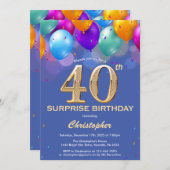 Überraschung 40. Geburtstag Blue und Gold Balloons Einladung (Vorne/Hinten)