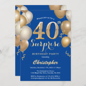 Überraschung 40. Geburtstag Blue und Gold Balloons Einladung (Vorne/Hinten)