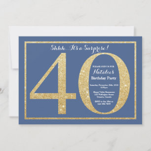 Überraschung 40. Geburtstag Blue und Gold Glitzer Einladung