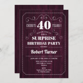 Überraschung 40. Geburtstag - Burgund-Holzmuster Einladung (Vorne/Hinten)