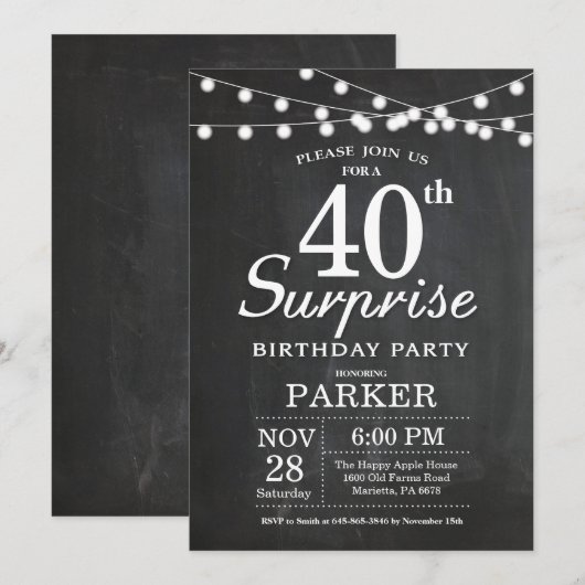 Überraschung 40. Geburtstag Einladung Chalkboard (Vorne/Hinten)