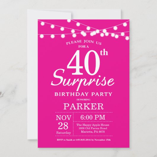 Überraschung 40. Geburtstag Einladung Hot Pink (Vorderseite)