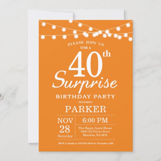 Überraschung 40. Geburtstag Einladung Orange (Vorderseite)