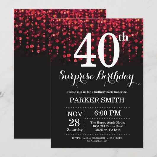 Überraschung 40. Geburtstag Einladung Roter Glitze (Vorne/Hinten)