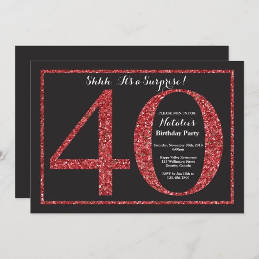 Überraschung 40. Geburtstag Einladung Roter Glitze (Vorne/Hinten)