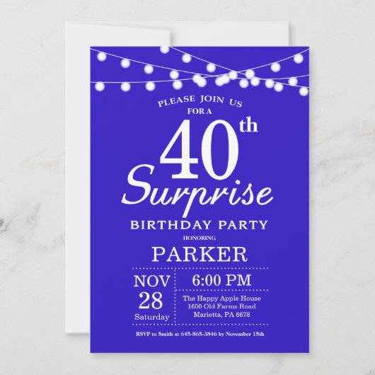 Überraschung 40. Geburtstag Einladung Royal Blue (Vorderseite)