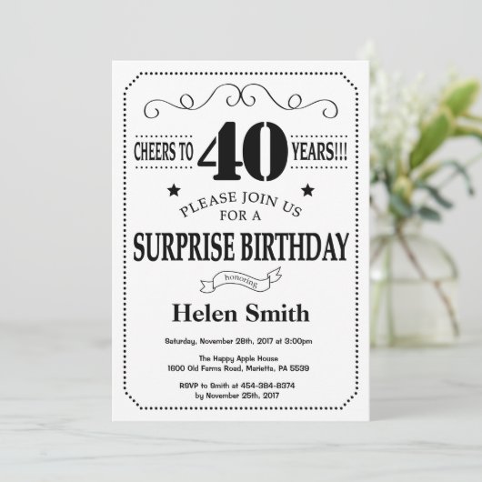 Überraschung 40. Geburtstag Einladung Schwarz und (Stehend Vorderseite)