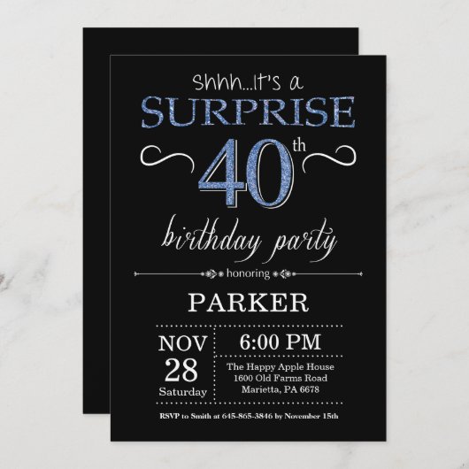 Überraschung 40. Geburtstag Einladung Schwarz und (Vorne/Hinten)