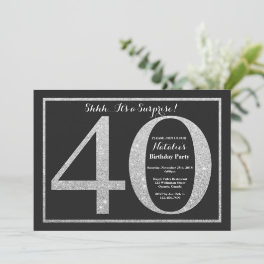 Überraschung 40. Geburtstag Einladung Silberner Gl (Stehend Vorderseite)