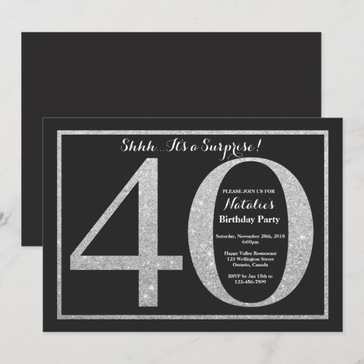 Überraschung 40. Geburtstag Einladung Silberner Gl (Vorne/Hinten)