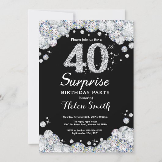 Überraschung 40. Geburtstag Einladung Silver Diamo (Vorderseite)