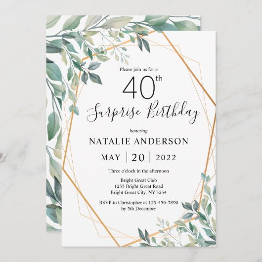 Überraschung 40. Geburtstag Eukalyptus Greenery & Einladung (Vorne/Hinten)