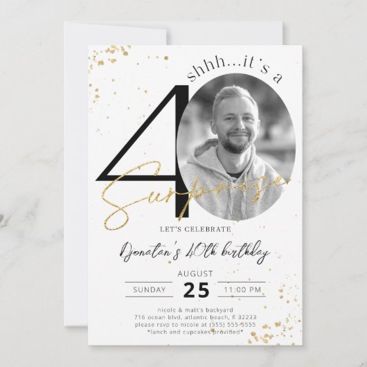 Überraschung 40. Geburtstag Gold Foto Einladung (Vorderseite)