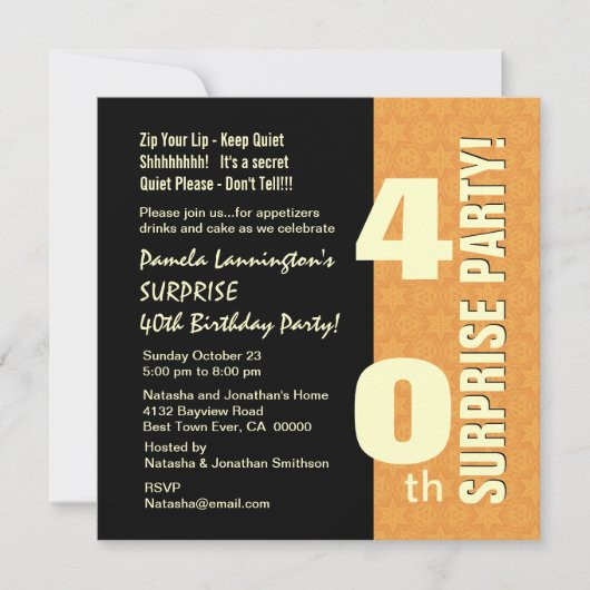 ÜBERRASCHUNG 40. Geburtstag Gold und Schwarz W577 Einladung (Vorderseite)