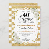 Überraschung 40. Geburtstag - Gold White Einladung (Vorne/Hinten)