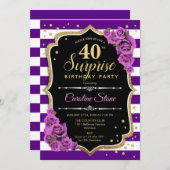 Überraschung 40. Geburtstag - Lila Gold Einladung (Vorne/Hinten)