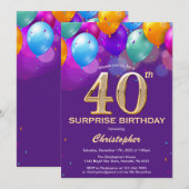 Überraschung 40. Geburtstag Lila und Gold Ballons Einladung (Vorne/Hinten)