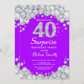 Überraschung 40. Geburtstag Lila und Silver Diamon Einladung (Vorne/Hinten)