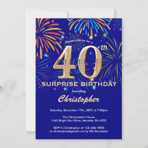 Überraschung 40. Geburtstag Navy Blue & Gold Firew Einladung