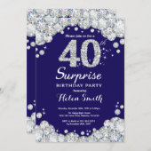 Überraschung 40. Geburtstag Navy Blue Silver Diamo Einladung (Vorne/Hinten)