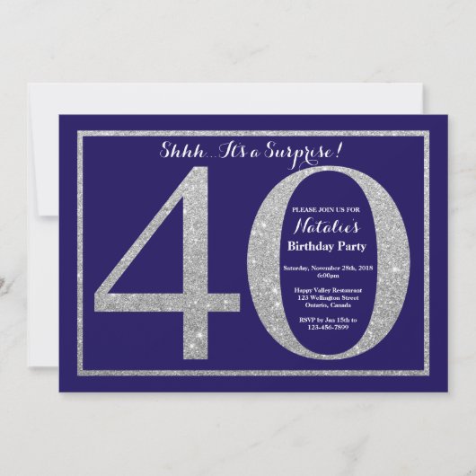Überraschung 40. Geburtstag Navy Blue Silver Glitz Einladung (Vorderseite)
