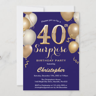 Überraschung 40. Geburtstag Navy Blue und Gold Bal Einladung