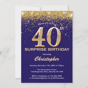 Überraschung 40. Geburtstag Navy Blue und Gold Gli Einladung