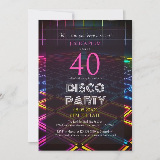 Überraschung 40. Geburtstag Neon Disco Party Einla Einladung (Vorderseite)