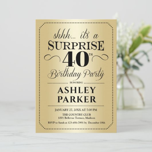 Überraschung 40. Geburtstag Party - Gold Einladung (Stehend Vorderseite)