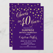 Überraschung 40. Geburtstag Party - Gold Lila Einladung (Vorne/Hinten)