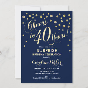 Überraschung 40. Geburtstag Party - Gold Navy Einladung