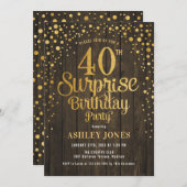 Überraschung 40. Geburtstag Party - Holz & Gold Einladung (Vorne/Hinten)