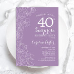 Überraschung 40. Geburtstag Party - Lila Blume Einladung<br><div class="desc">Lila Blumenüberraschung 40. Geburtstag Party Einladung. Minimalistisches modernes Design mit botanischen Akzenten und Typografie-Script-Schriftart. Einfache feminine Einladungskarte,  perfekt für eine stilvolle weibliche Überraschung am Tag. Kann für jedes Alter angepasst werden.</div>