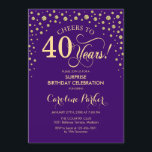 Überraschung 40. Geburtstag Party - Lila Gold Einladung<br><div class="desc">Überraschung 40. Geburtstag Party Einladung. Elegantes Design in königlichen lila und Imitate Glitzer Gold . Enthält Skript-Schriftart und Diamanten Konfetti. Feiert bis 40 Jahre! Nachricht,  wenn Sie weitere Anpassungen benötigen.</div>